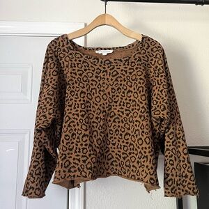 EMERSON FRY brown leopard cheetah boat neck terry knit organic cotton pullover
